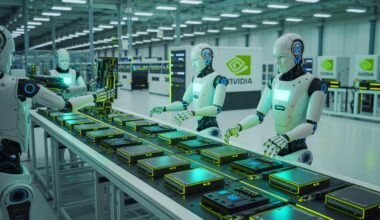 Illustration of humanoid robots collaborating with Nvidia and Foxconn at a Houston manufacturing facility. Image generated by AI.