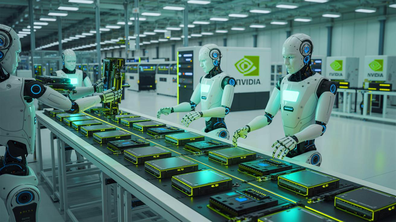 Illustration of humanoid robots collaborating with Nvidia and Foxconn at a Houston manufacturing facility. Image generated by AI.