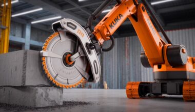 Illustration of the KUKA Catonator robotic saw cutting through materials in a construction setting. Image generated by AI.