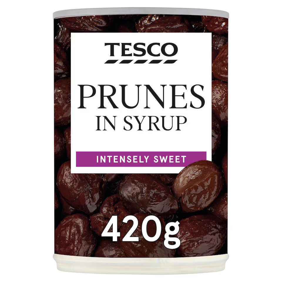 Tesco prunes in syrup, 420g, intensely sweet.