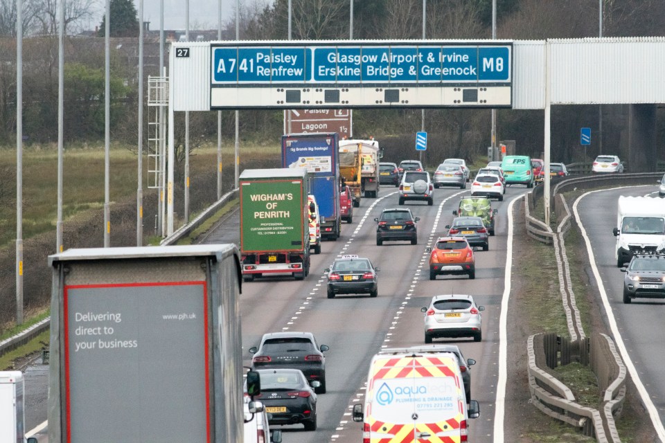 Traffic on the M8 motorway heading towards Glasgow Airport.