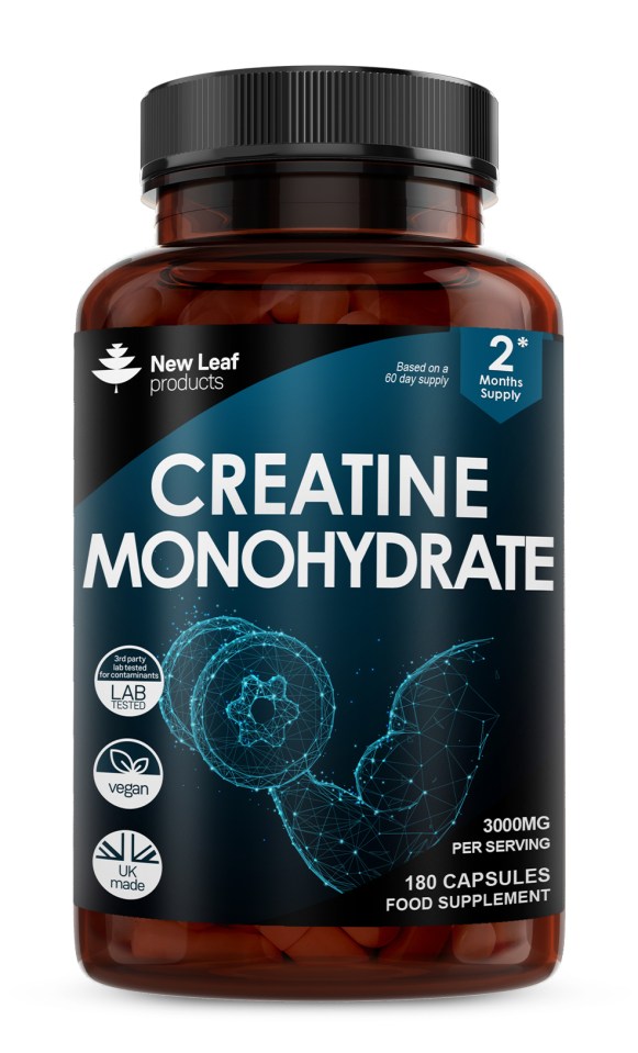 Bottle of New Leaf Products Creatine Monohydrate capsules.