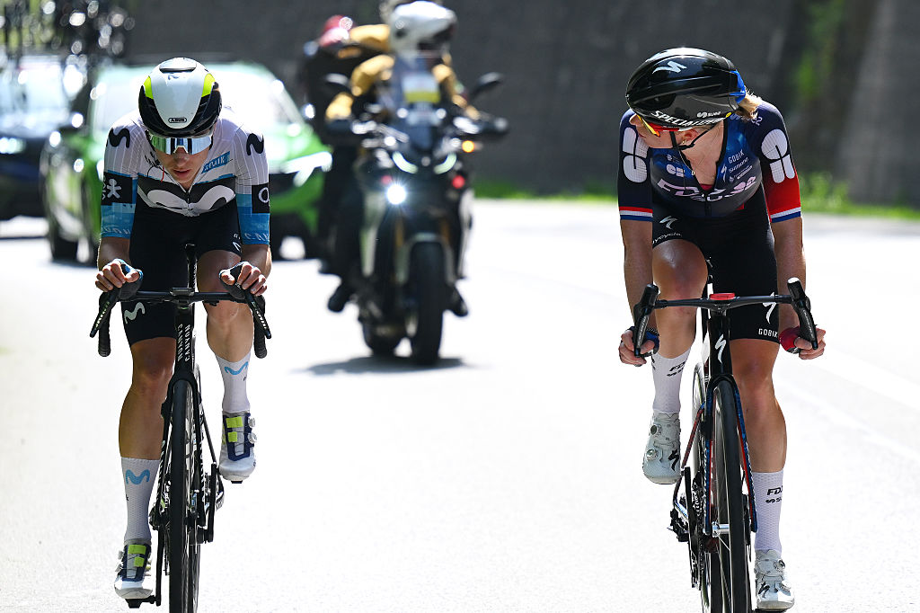 (L-R) Marlen Reusser of Switzerland and Team Movistar and Demi Vollering of Netherlands and Team FDJ - SUEZ compete in the breakaway during the 5th Tour de Suisse Women 2025, Stage 1 a 95.5km stage from Gstaad to Gstaad 1047m / #UCIWWT / on June 12, 2025 in Gstaad, Switzerland. (Photo by Tim de Waele/Getty Images)