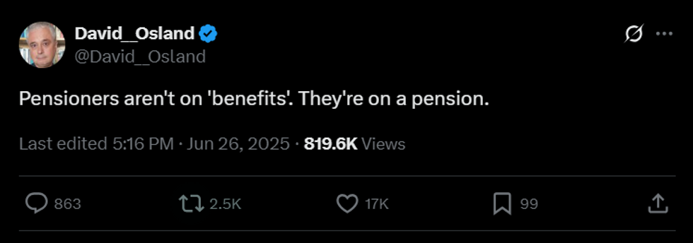 \u200bLeft-wing campaigner Osland said: 'Pensioners aren't on 'benefits'. They're on a pension