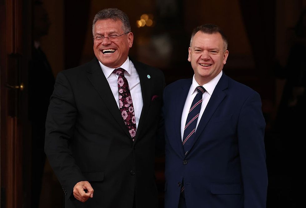 \u200bUK Paymaster General and Minister for the Cabinet Office for the Constitution and European Relations Nick Thomas-Symonds (R) greets EU Commissioner for Trade and Economic Security, Maros Sefcovic