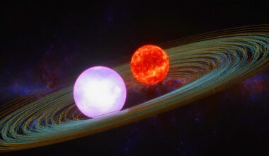 Illustration of a binary star system with a white dwarf and red dwarf emitting radio signals. Image generated by AI.