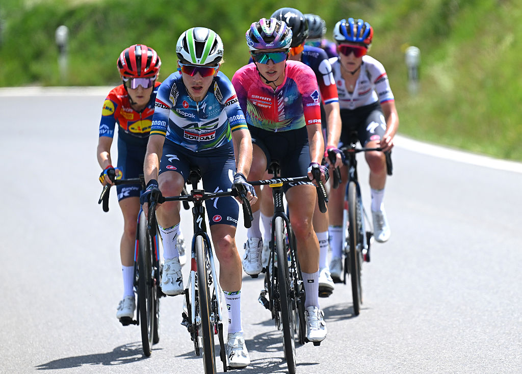 GSTAAD, SWITZERLAND - JUNE 12: (L-R) Sarah Gigante of Australia and Team AG Insurance - Soudal and Katarzyna Niewiadoma of Poland and Team CANYON/SRAM zondacrypto compete in the breakaway during the 5th Tour de Suisse Women 2025, Stage 1 a 95.5km stage from Gstaad to Gstaad 1047m / #UCIWWT / on June 12, 2025 in Gstaad, Switzerland. (Photo by Tim de Waele/Getty Images)