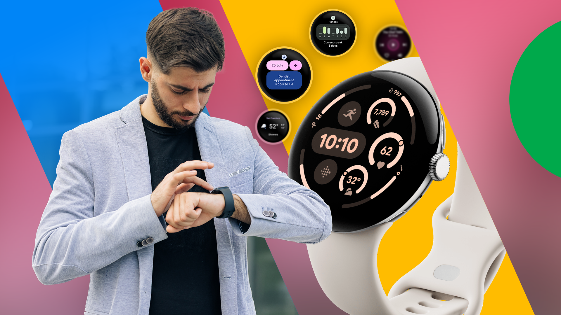 A businessman using his smartwatch, with a Pixel Watch 3 on the right