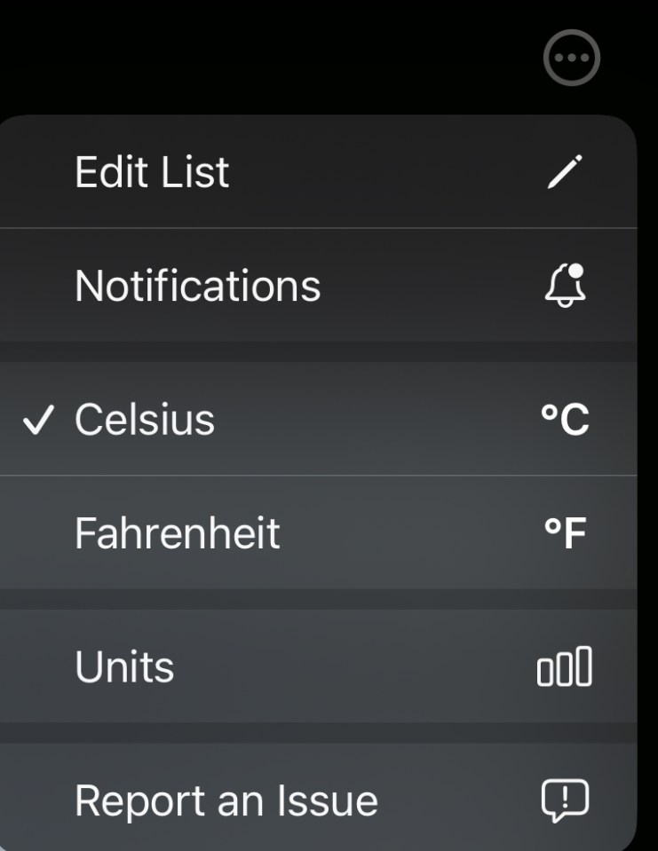 Settings menu with options for editing lists, notifications, temperature units (Celsius and Fahrenheit), units, and reporting issues.