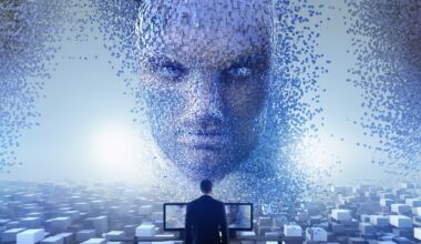 An Ai face looks down on a human.