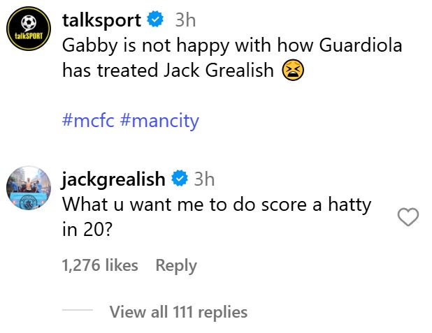 Instagram comments showing Jack Grealish's response to a comment about Guardiola.