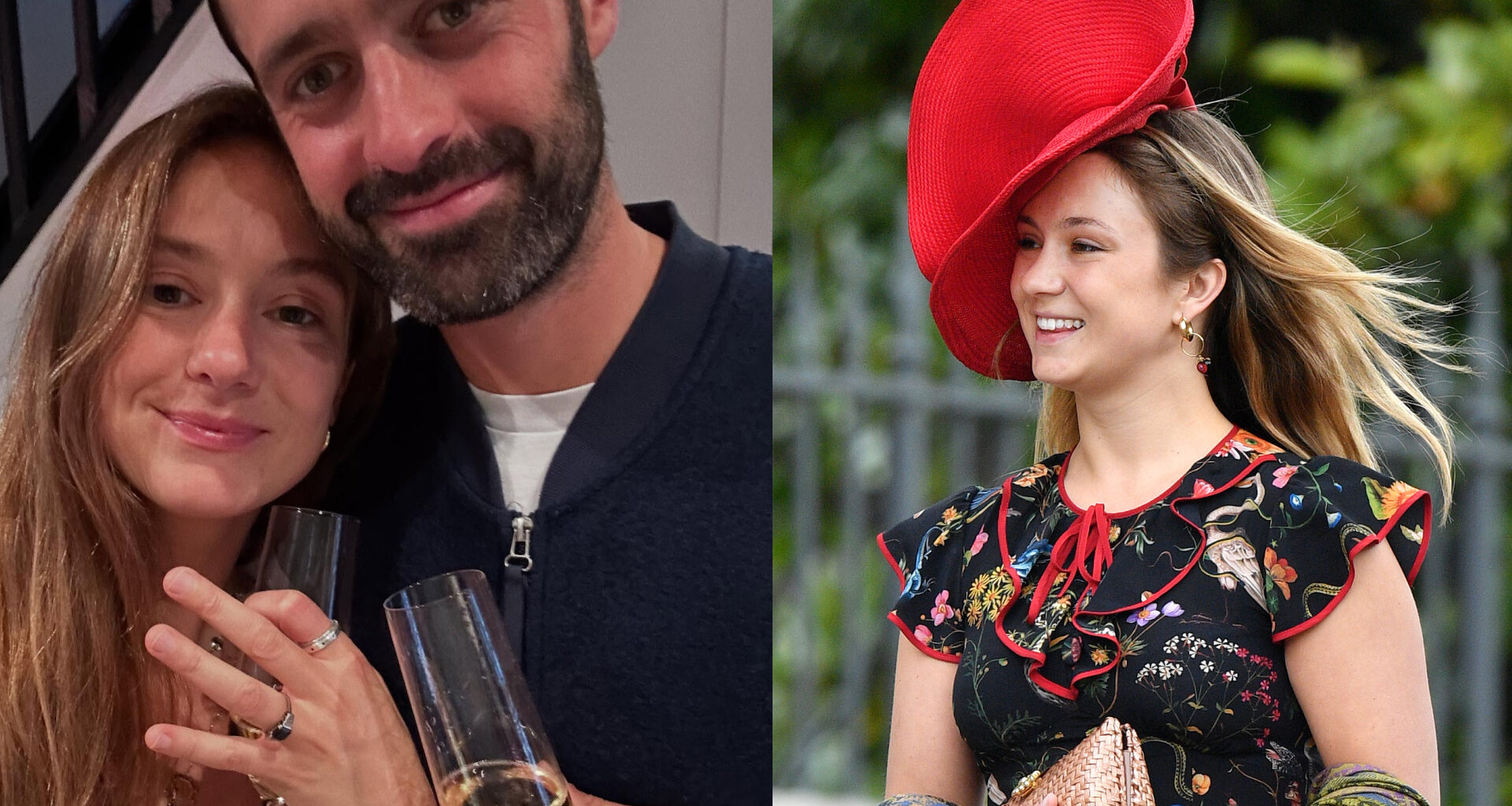 Lady Marina Windsor and her fiance in an engagement photo holding champagne next to a photo of her in a red hat and black floral dress