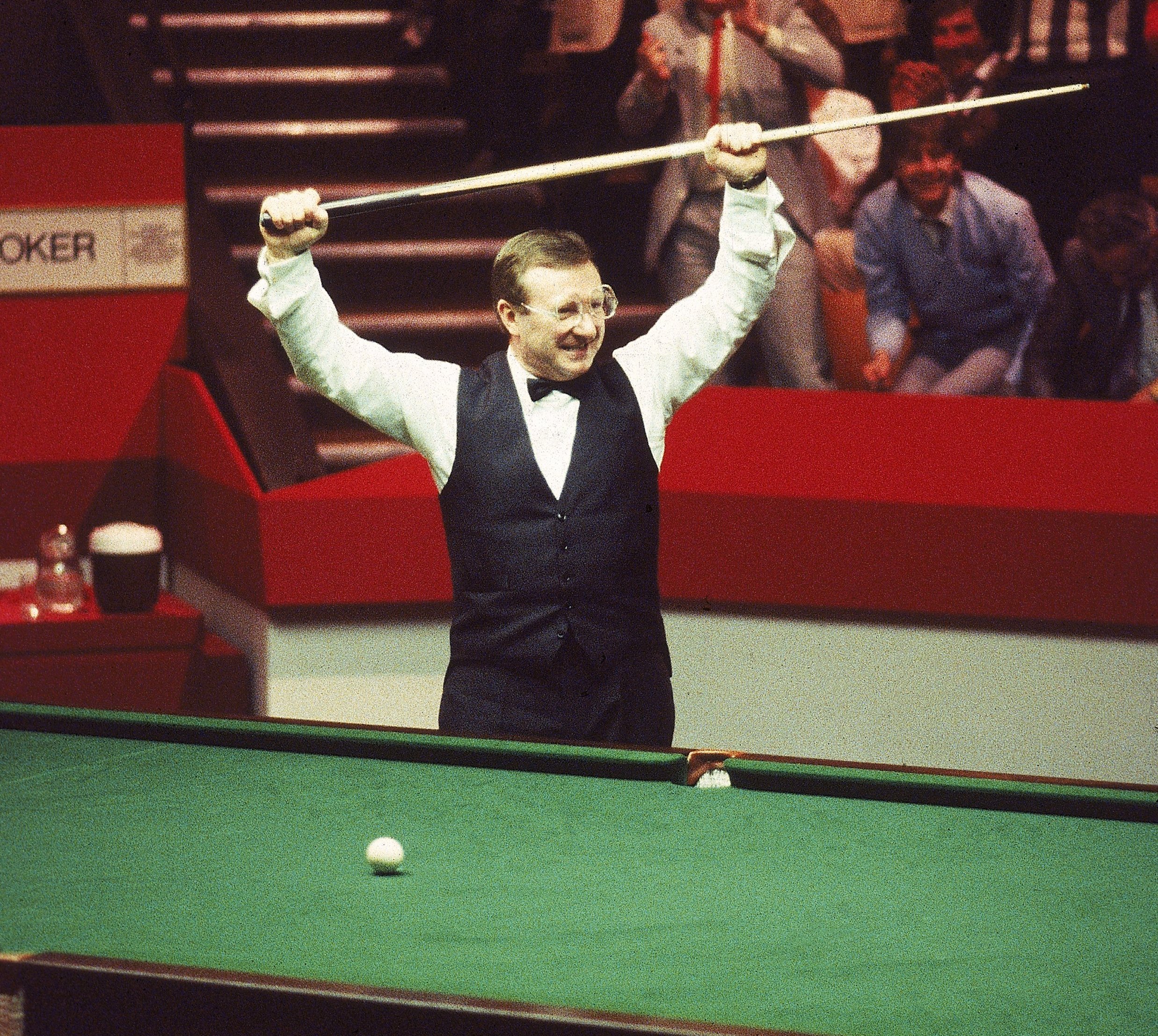 Dennis Taylor celebrating his snooker victory.