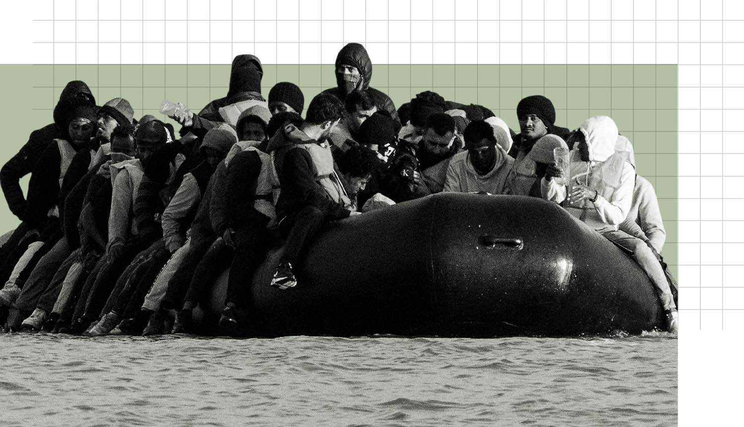 Many migrants crowded in a small inflatable boat.
