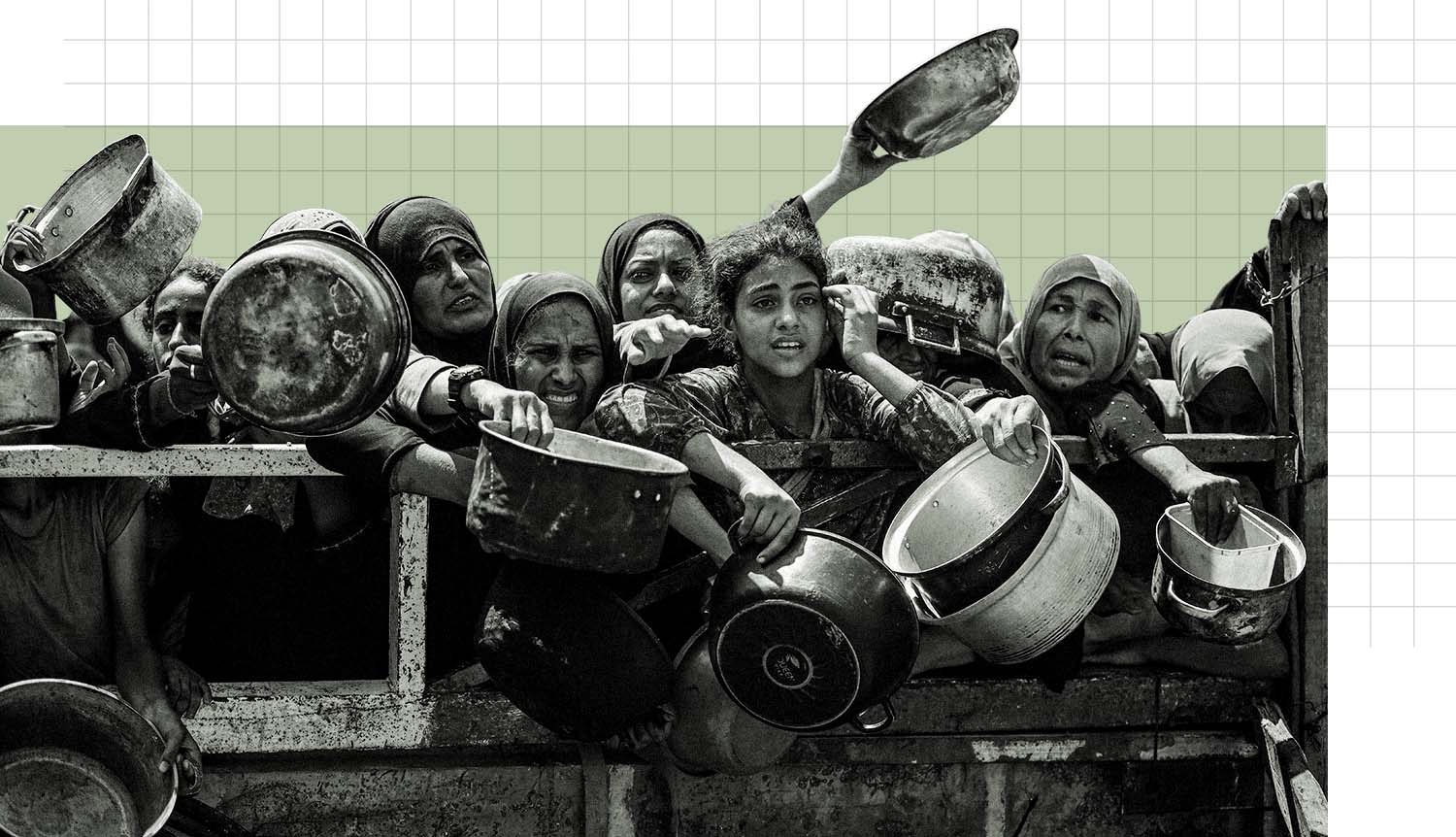 Black and white photo of women holding pots and pans.