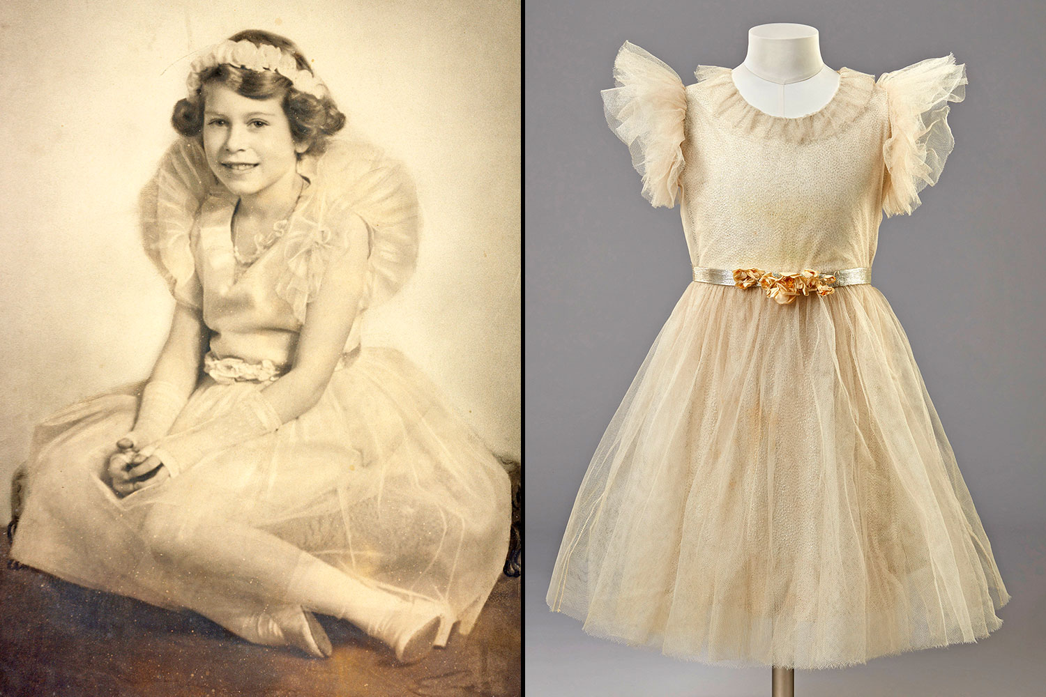 Photo of a young Queen Elizabeth II in a dress, next to the dress itself.