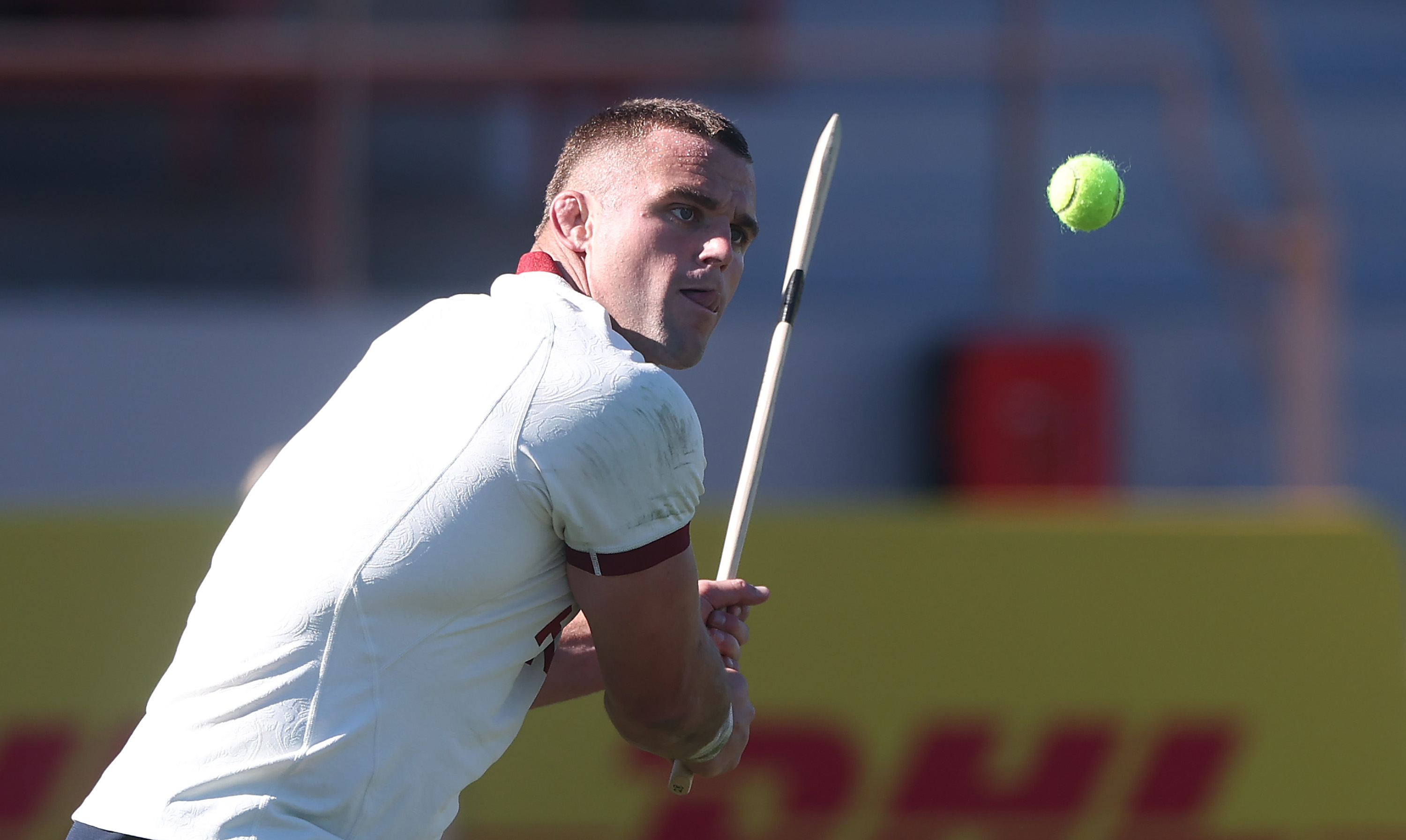 Ben Earl playing hurling during the British & Irish Lions captain's run.