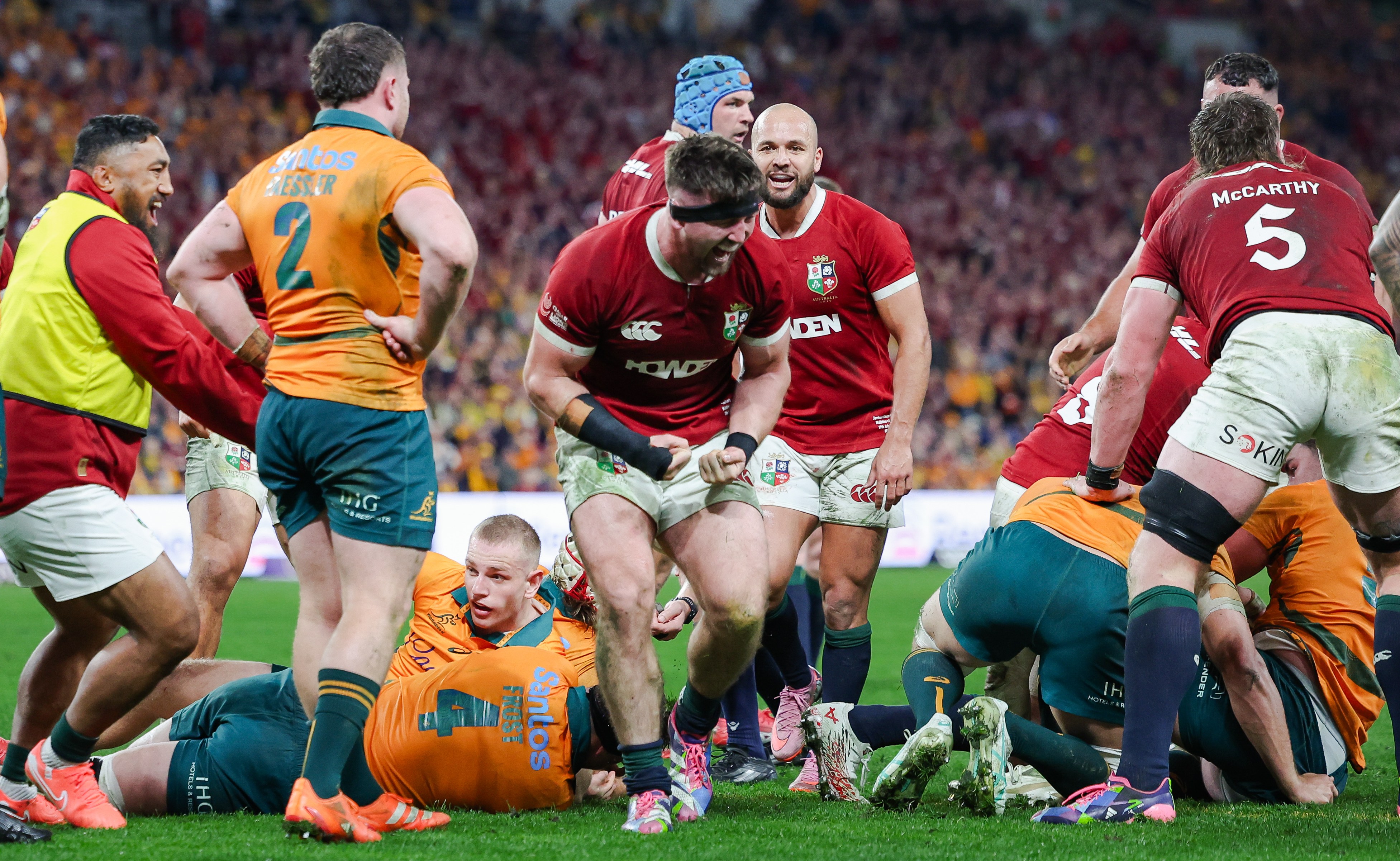 Tom Curry of the British & Irish Lions scores a try.