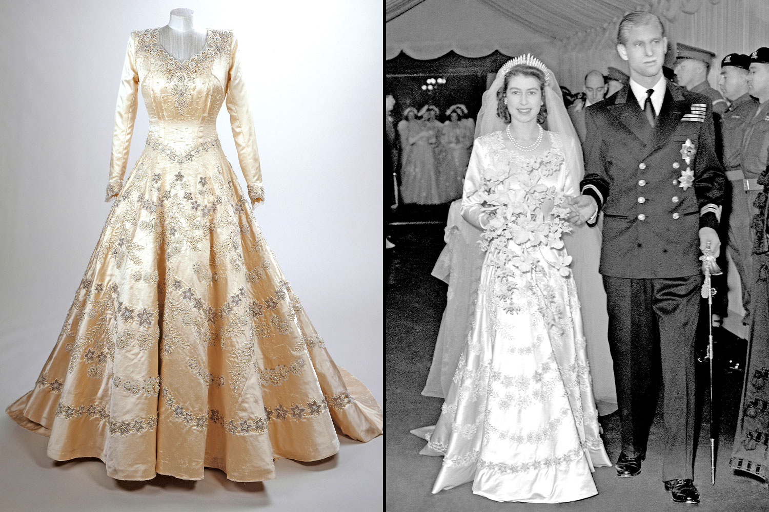 Queen Elizabeth II's wedding dress and a photo of her wedding day.