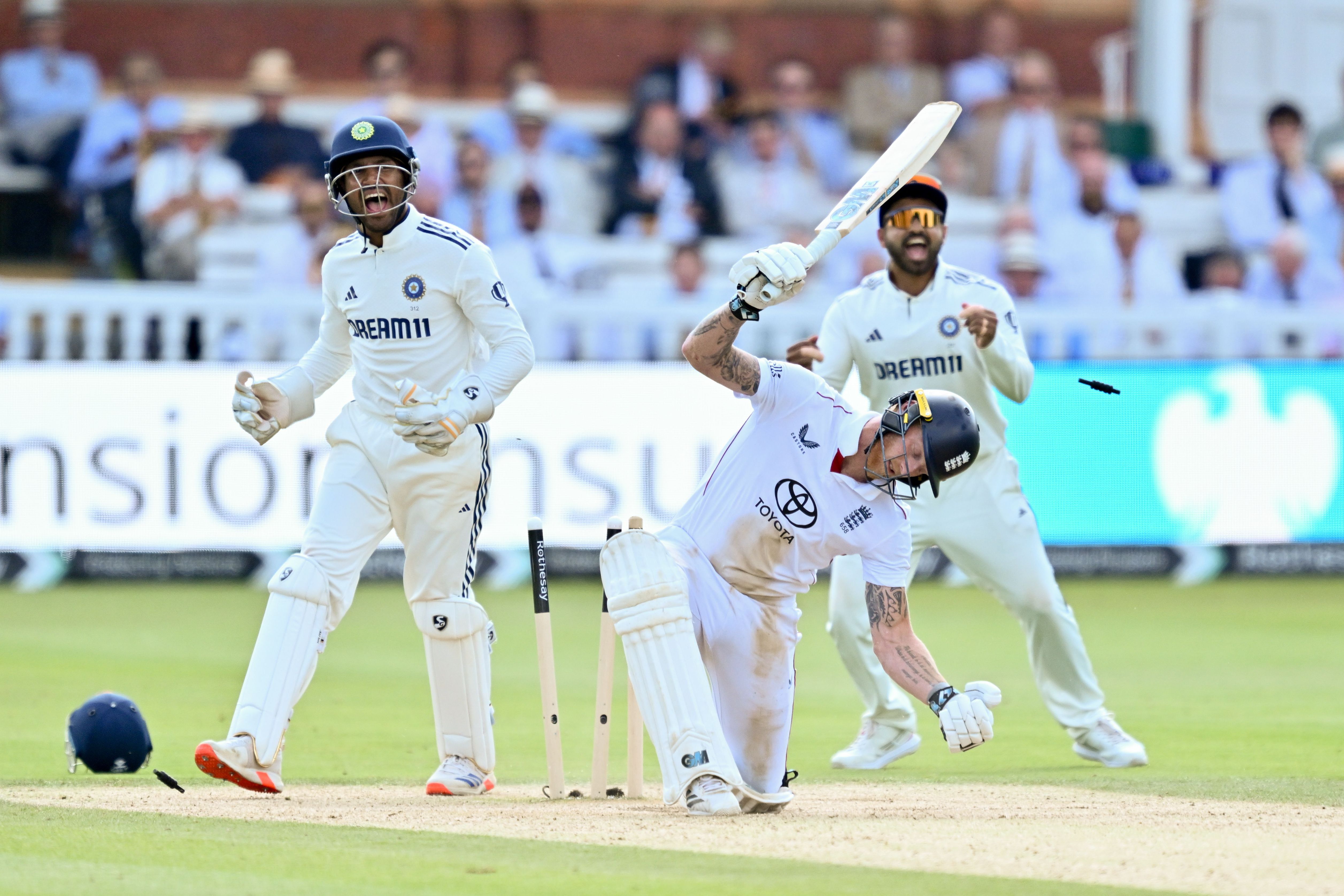 Ben Stokes of England bowled by Washington Sundar of India during a cricket match at Lord's.