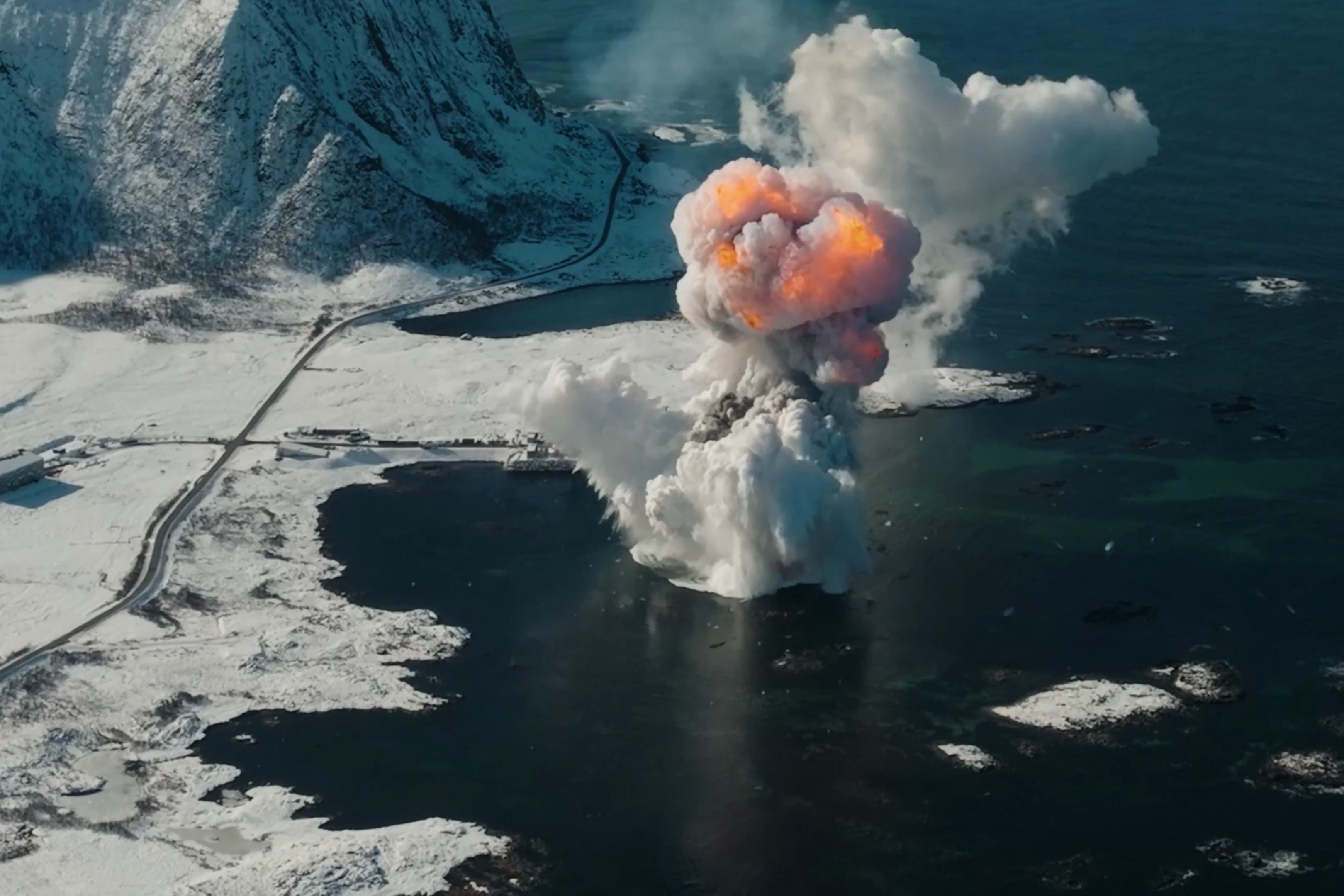 Aerial view of the Spectrum rocket exploding during a failed launch attempt in Norway.