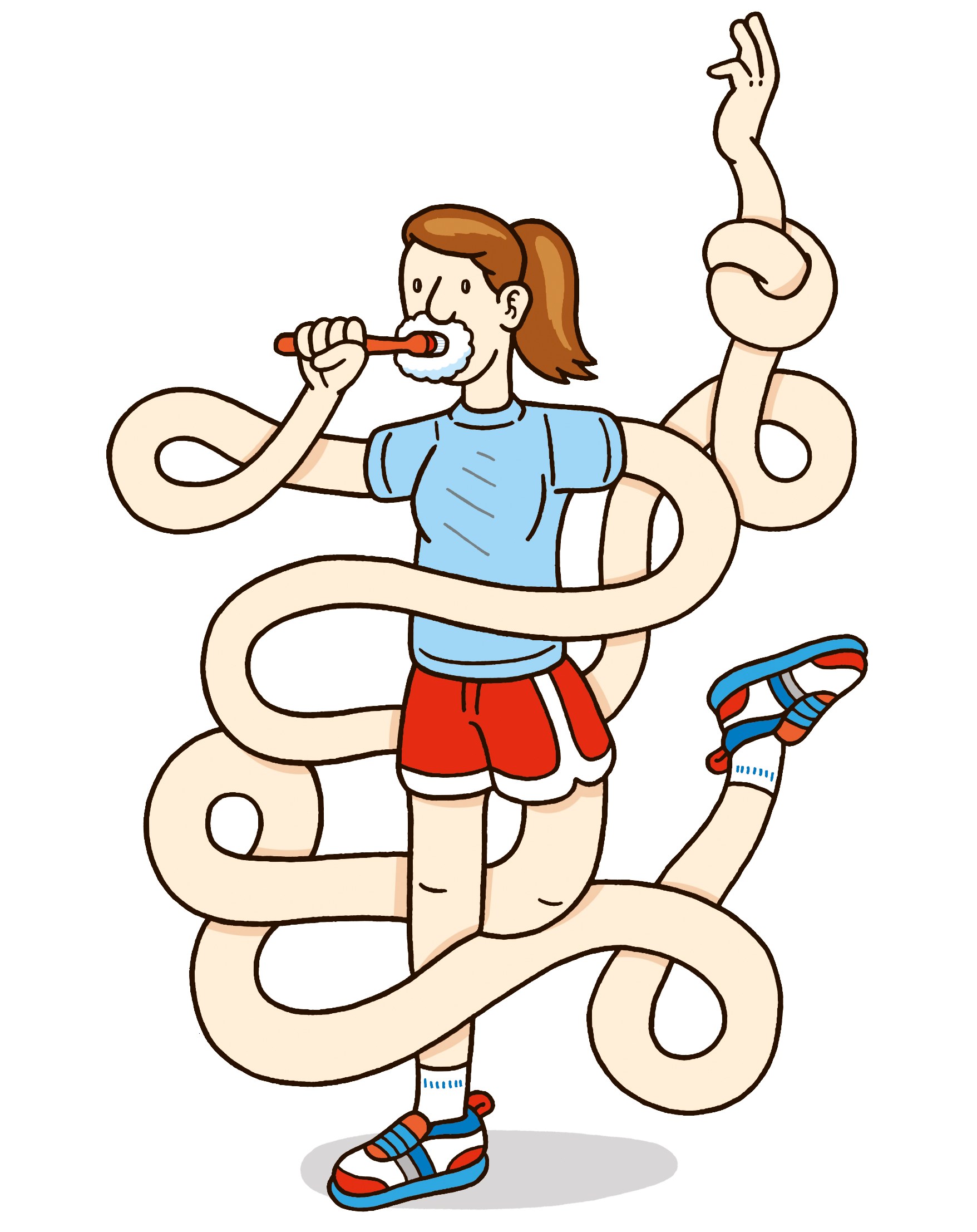 Illustration of a woman with long arms and legs brushing her teeth.