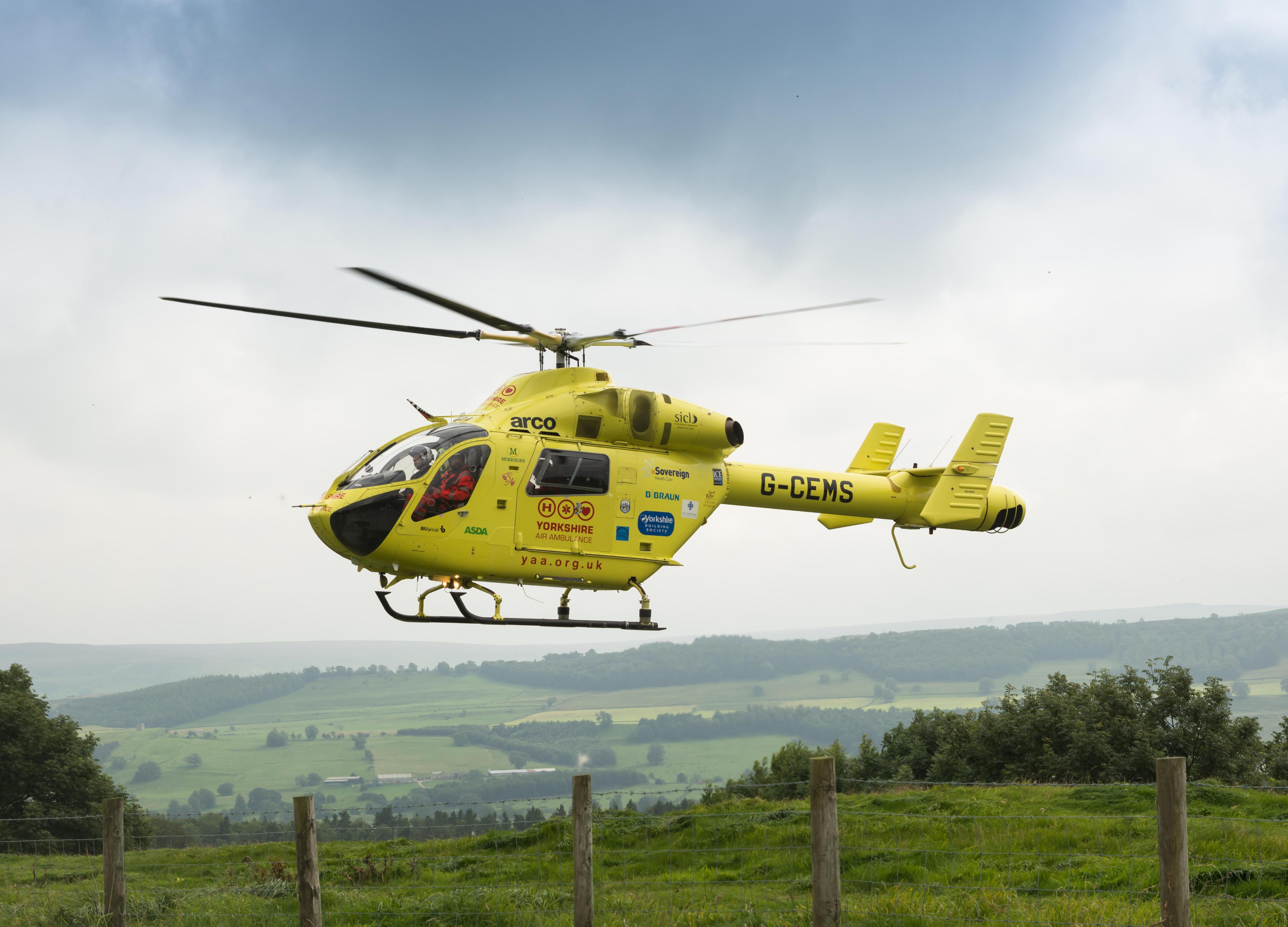Yorkshire Air Ambulance helicopter in flight.