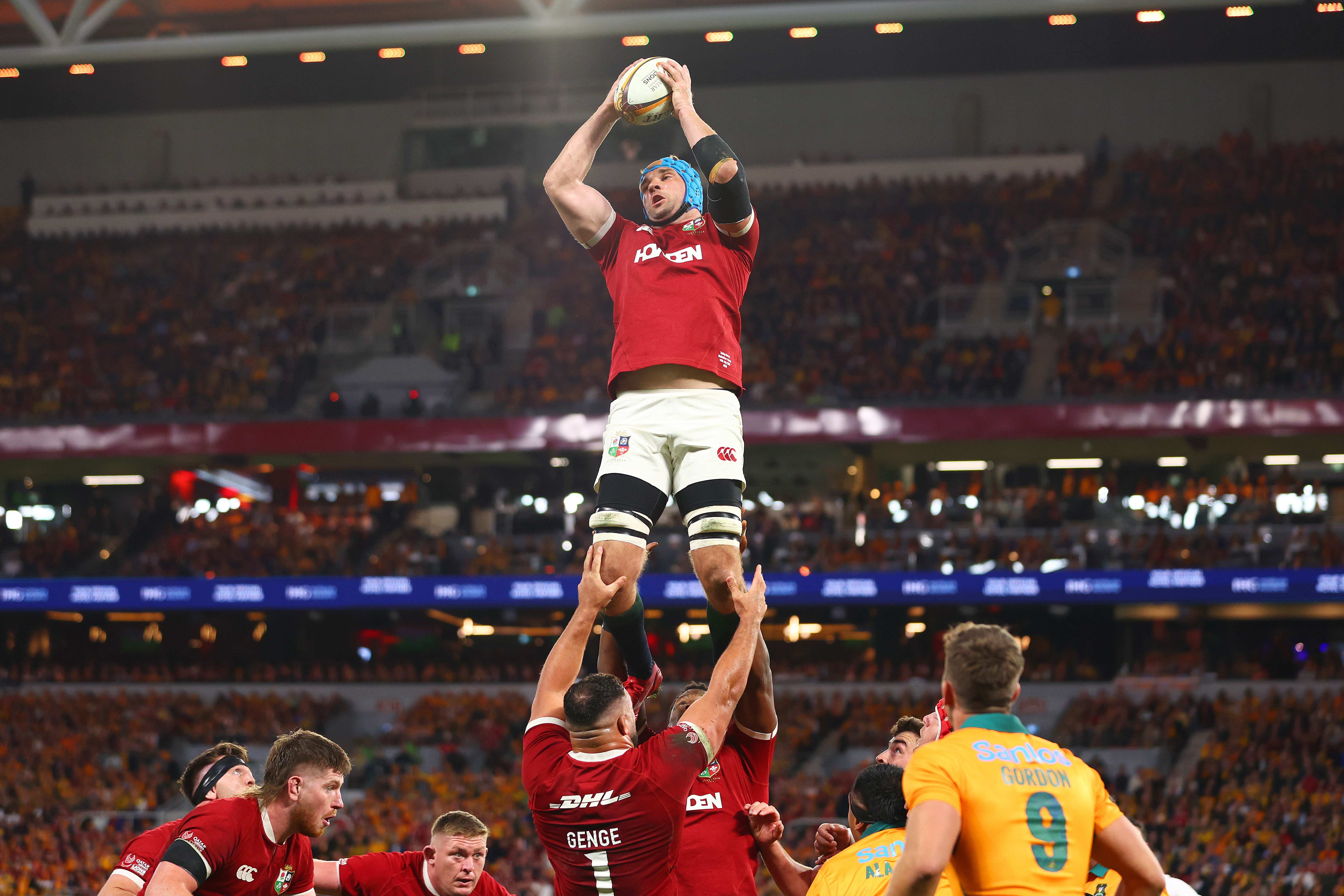 Tadhg Beirne of the British and Irish Lions catching a rugby ball in a lineout.