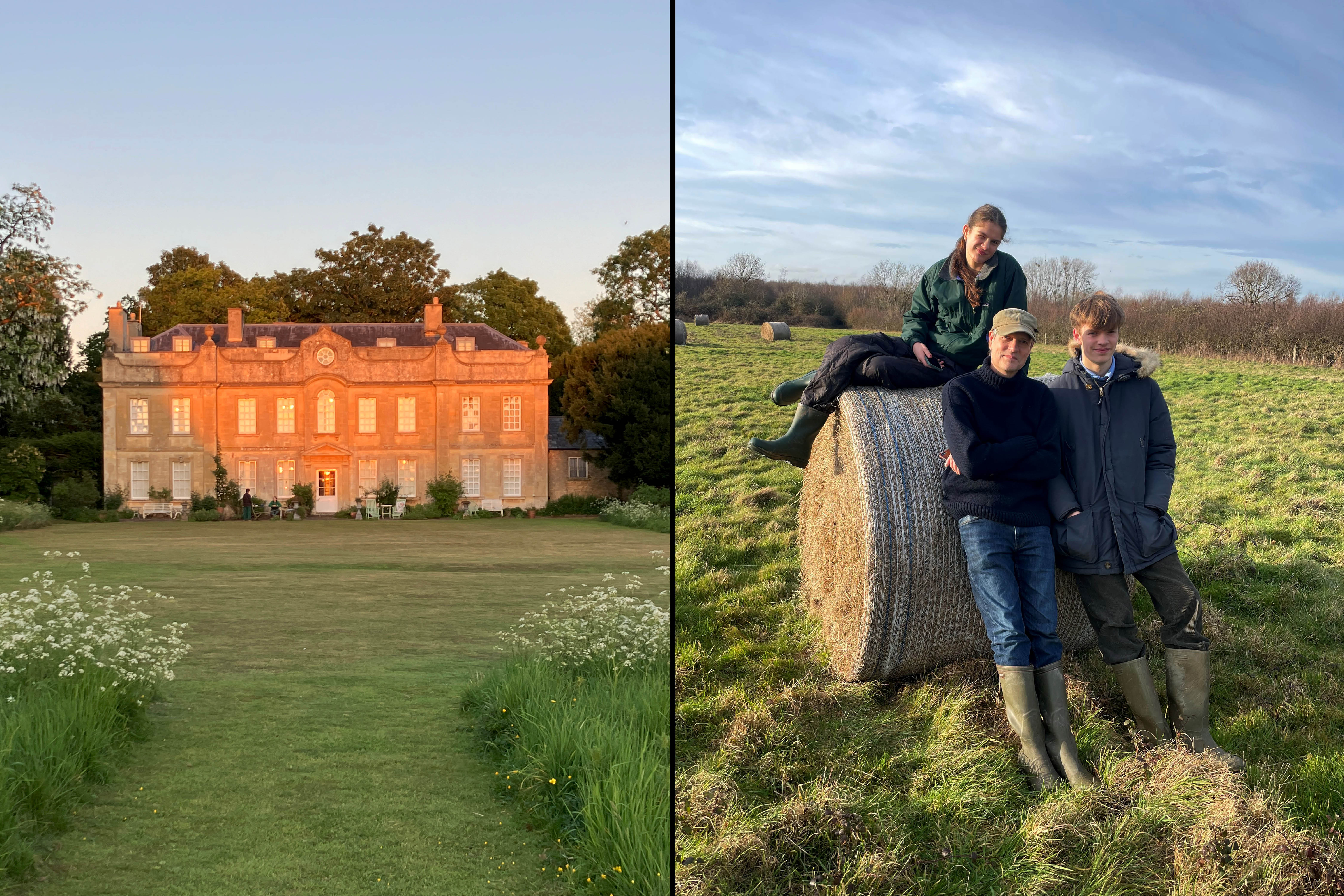 Diptych showing a large manor house at sunset and a family sitting on a hay bale in a field.