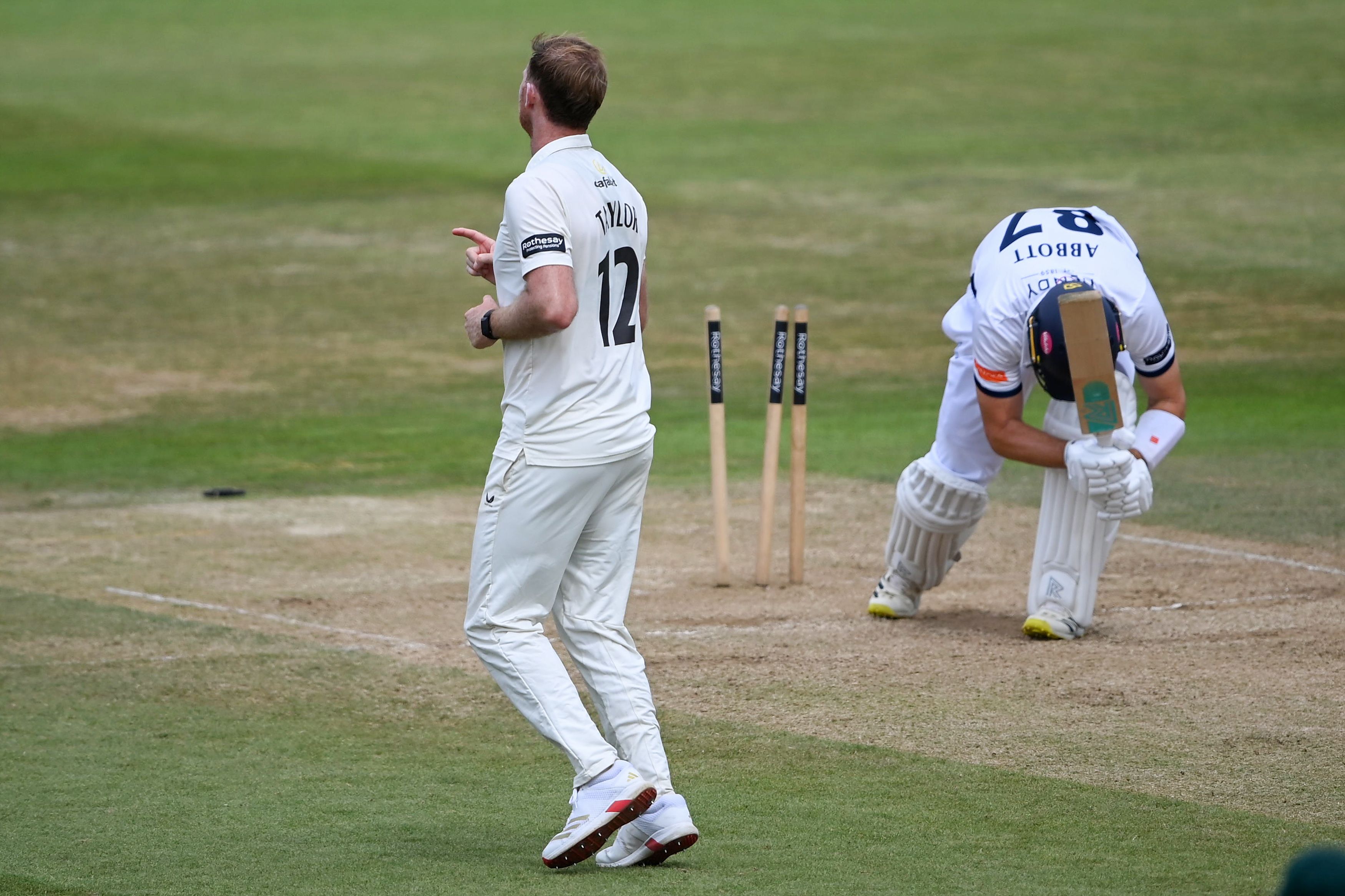 Tom Taylor of Worcestershire celebrating a wicket during a cricket match.