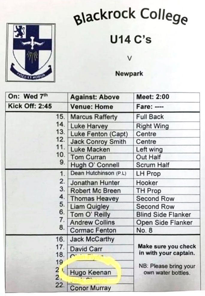 Blackrock College U14 C's team sheet for a match against Newpark.
