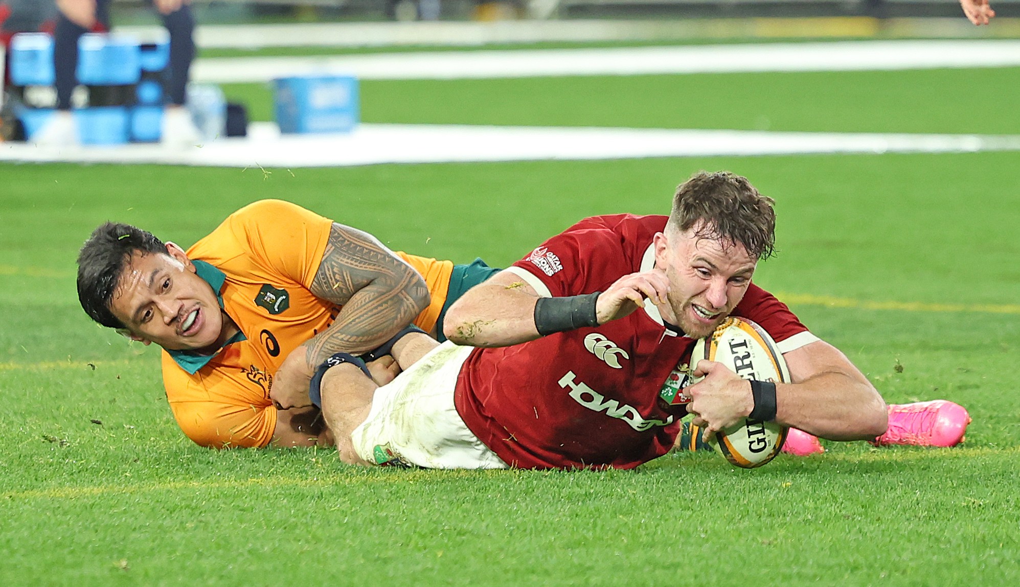 Wallabies v British & Irish Lions. 2nd Test. Melbourne Cricket Ground. Including  Tom Curry try and celebration. Bundee Aki surging run forwards. Owen Farrell with Finn Russell after pin-point kick to the corner Frame-by-frame sequen