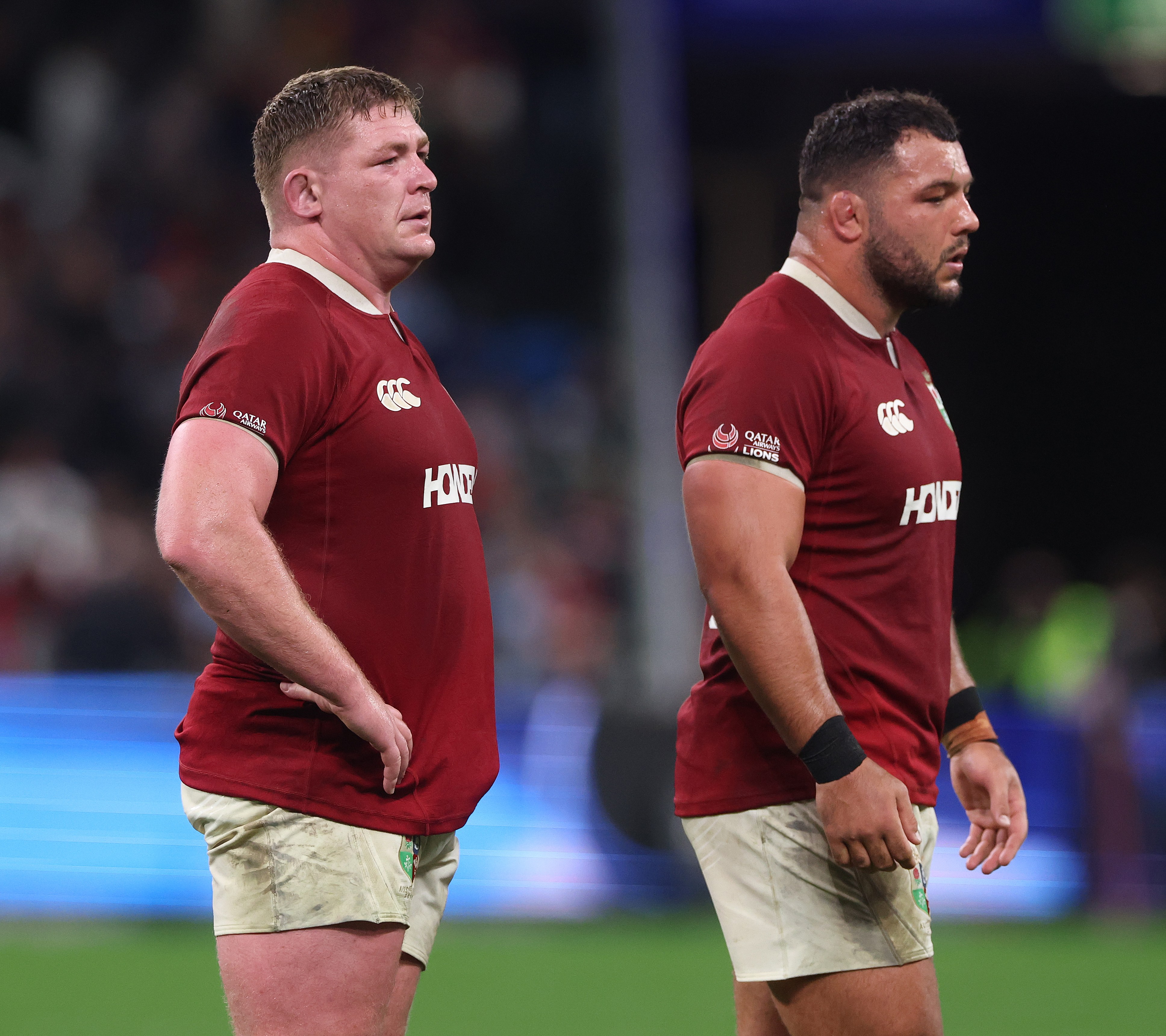 Tadhg Furlong and Ellis Genge of the British & Irish Lions during a rugby match.
