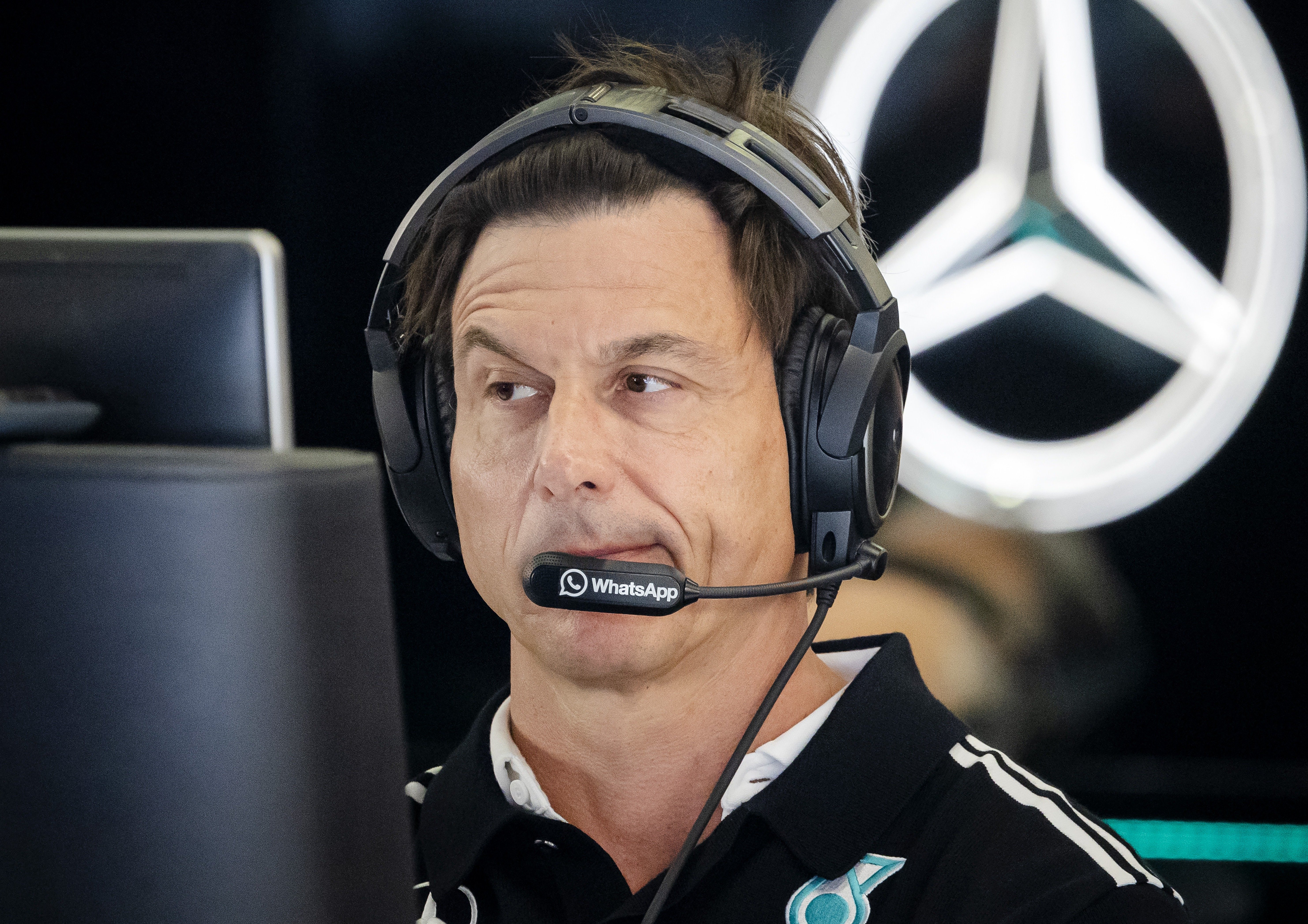 Toto Wolff of Mercedes during a Formula 1 practice session.