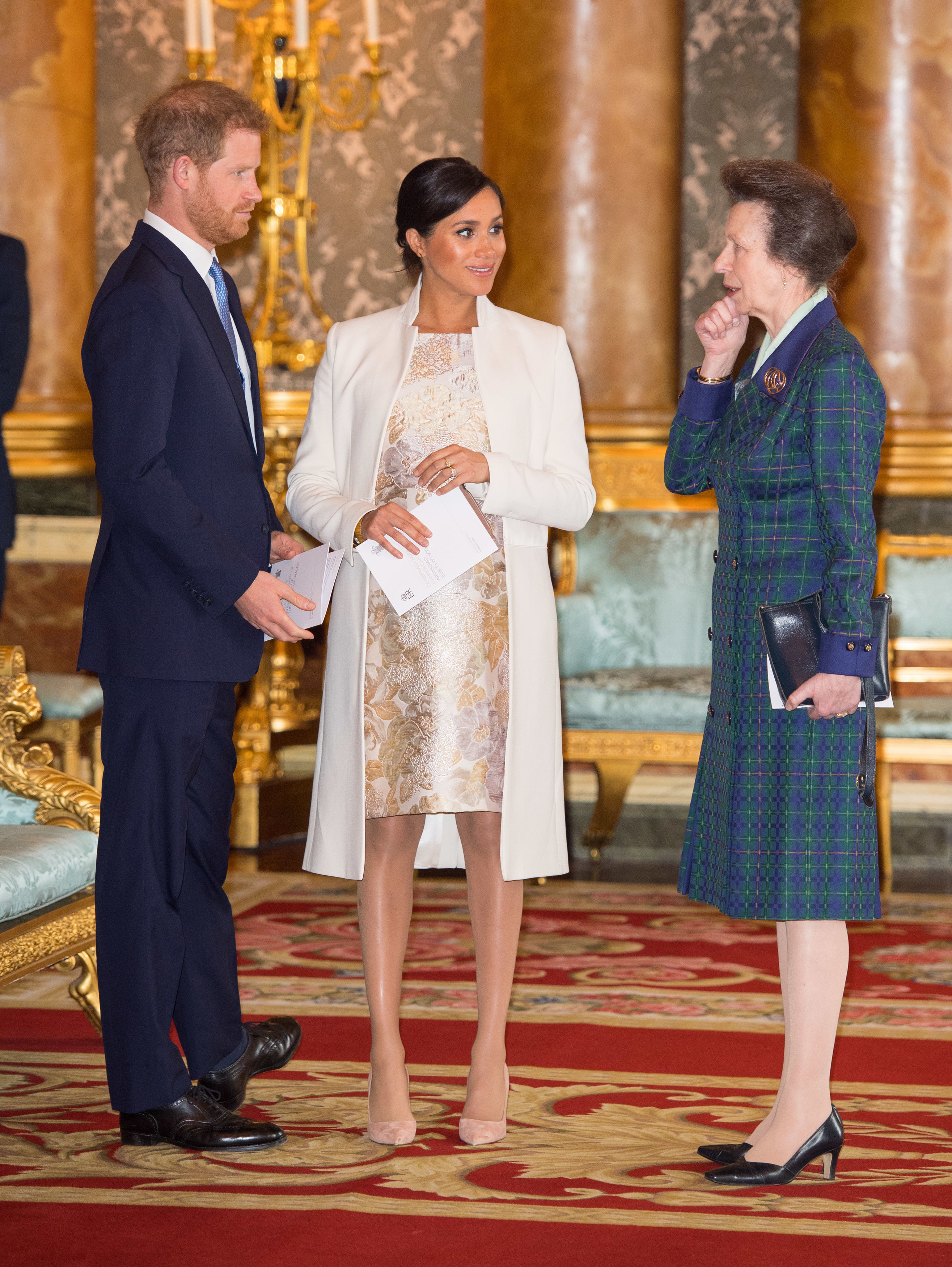 Prince Harry, Meghan Markle, and Princess Anne at a Buckingham Palace reception.