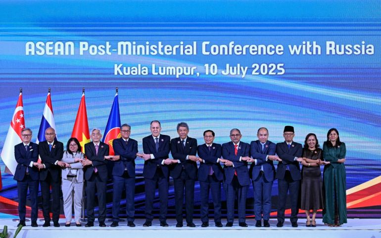 Family photo of the attendees of the Association of Southeast Asian Nations (ASEAN) Post-Ministerial Conference with Russia during the 58th ASEAN Foreign Ministers meeting and related meetings at the Convention Centre in Kuala Lumpur on July 10, 2025. [Mohd Rasfan/ AFP]