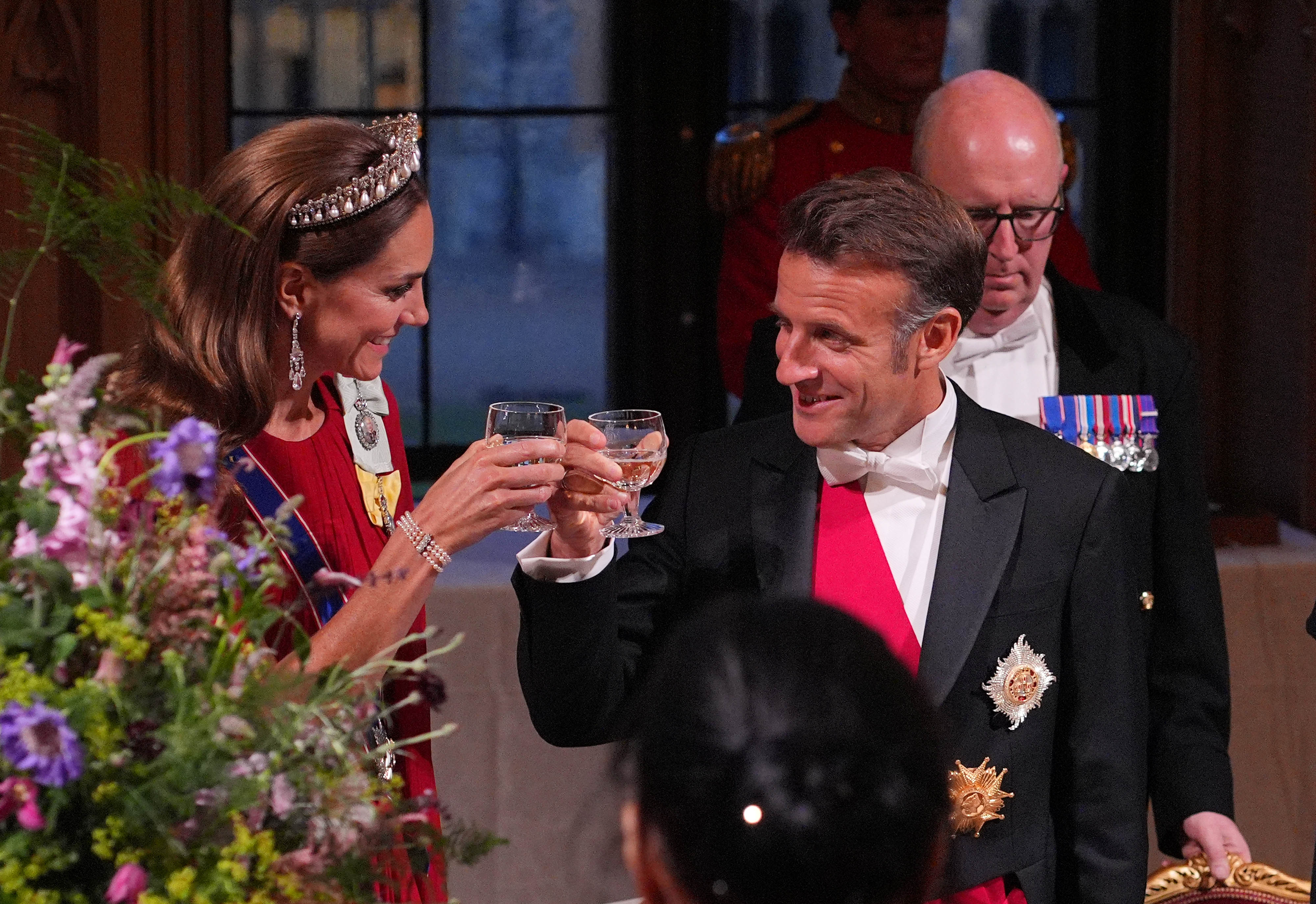 The King was seated between Mr Macron and French culture minister Rachida Dati, while Kate was on the other side of the French president.