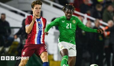 Sverre Nypan, pictured in action for Norway Under-21s, battles with Baba Adeeko of Republic of Ireland