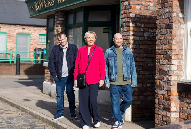 Eileen, Steve and Tim standing outside the Rovers in Coronation Street