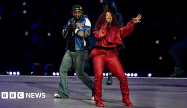 Kendrick Lamar and SZA perform together at the 2025 Super Bowl