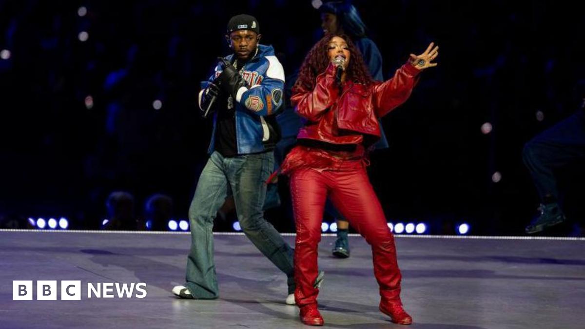 Kendrick Lamar and SZA perform together at the 2025 Super Bowl
