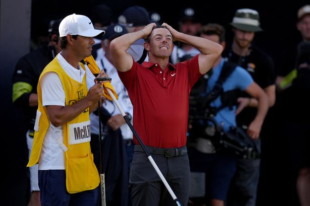 Rory McIlroy reacts after putting on the 18th green during day three of The 153rd Open Championship at Royal Portrush 