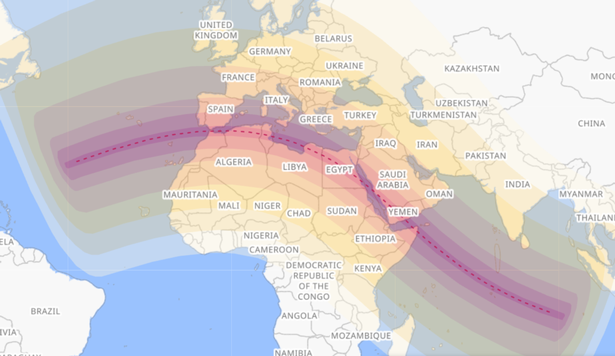 The path of totality (red) for the solar eclipse on August 2, 2027
