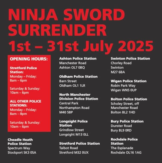 Locations to hand in bladed weapons this month in Greater Manchester.
