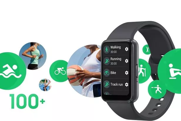 The black Samsung Galaxy Fit3 smartwatch displaying different workout information 