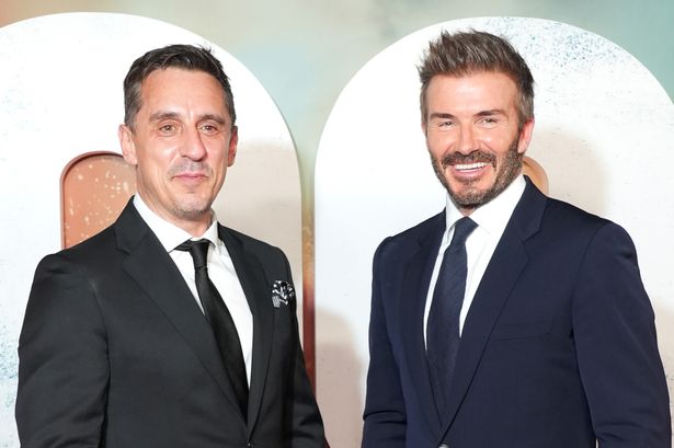 Gary Neville and Sir David Beckham pictured together at the Premiere of '99' in May 2024