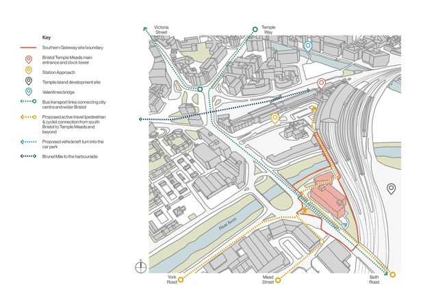 A diagram outlining how vehicle and foot traffic could flow through the new hub