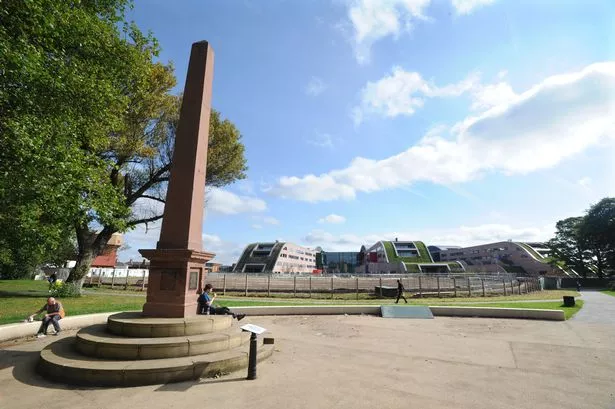 Alder Hey Children's Hospital as seen from Springfield Park with the Monument to Nelson