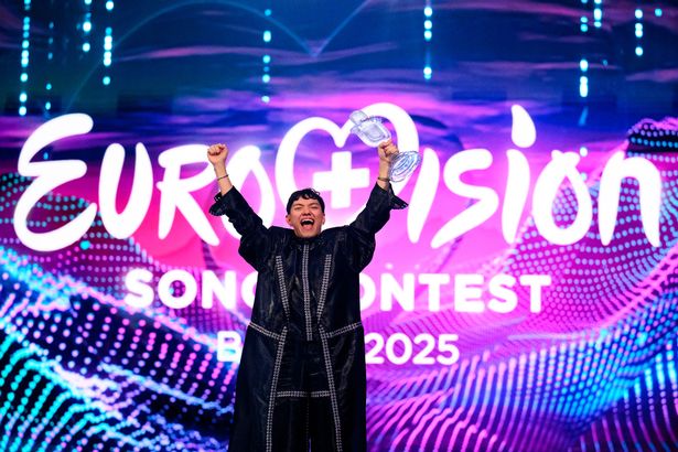 JJ, representing Austria, celebrates after winning the Grand Final of the 69th Eurovision Song Contest in Basel, Switzerland