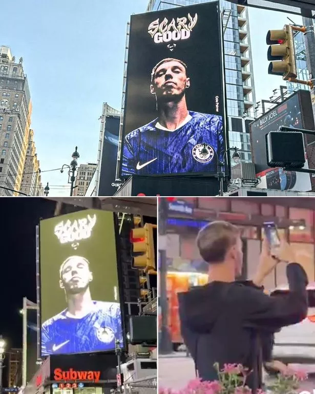 Cole Palmer seeing his face on the big screen in Times Square, New York